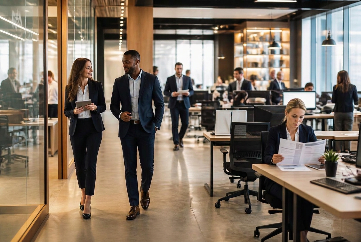 Corporate office with a recruiter reviewing resumes and colleagues walking through a modern workspace